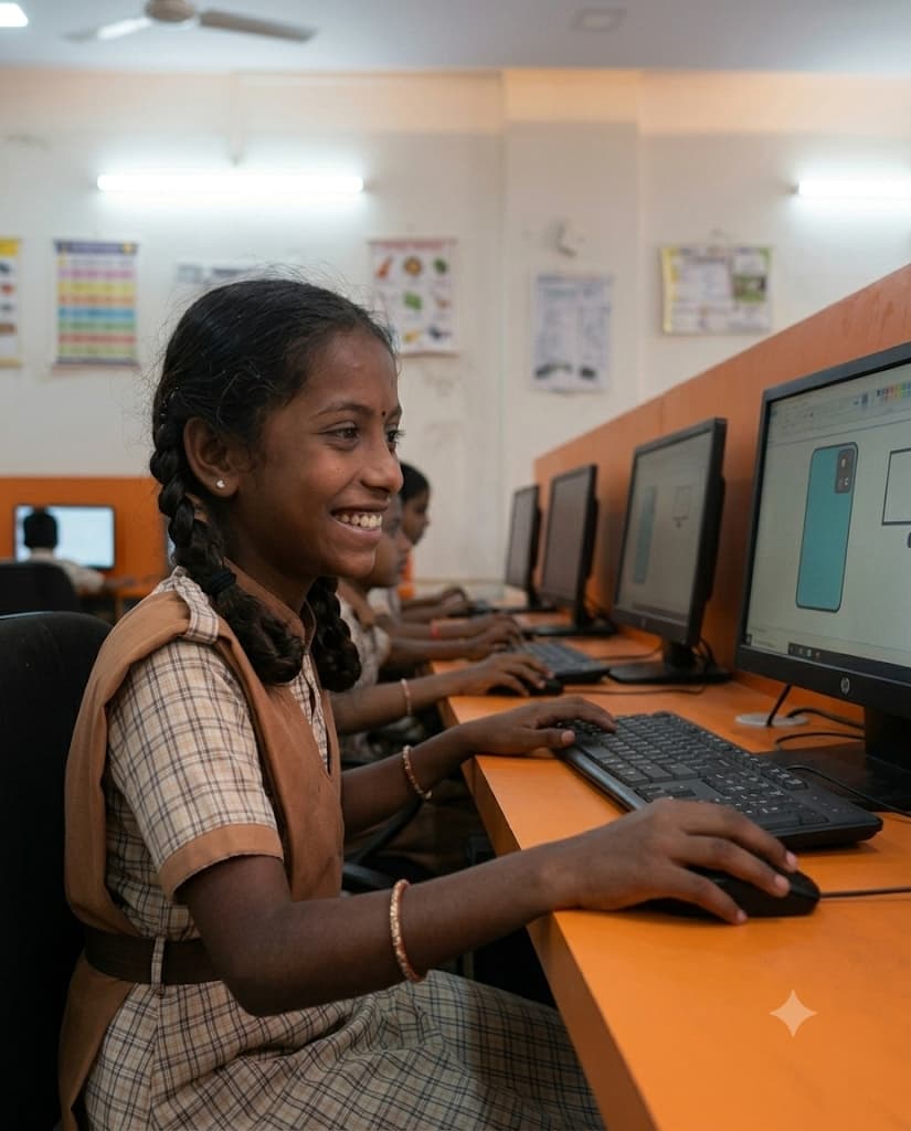 Student learning computer skills with Sneh Asha